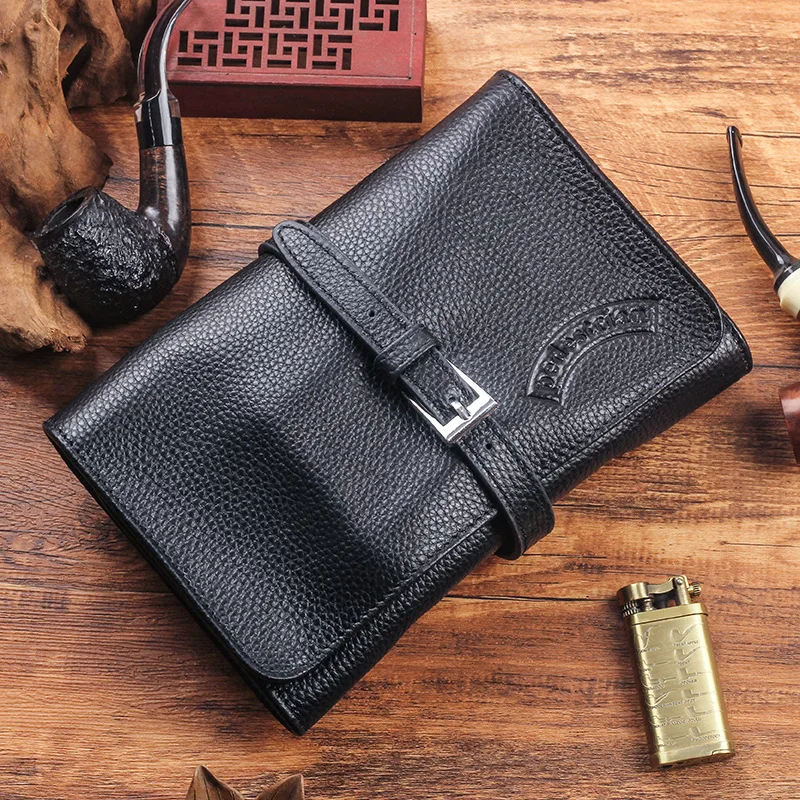 Genuine Leather Large Capacity Smoking Pipe Bag Black Cowhide Tamper Filter Tool Accessories Suitable for 4 Pipes