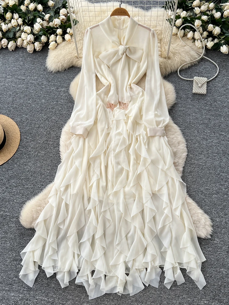 플리츠 허리와 매듭 디자인으로 슬림하고 가을에 입기 좋은 여성용 드레스