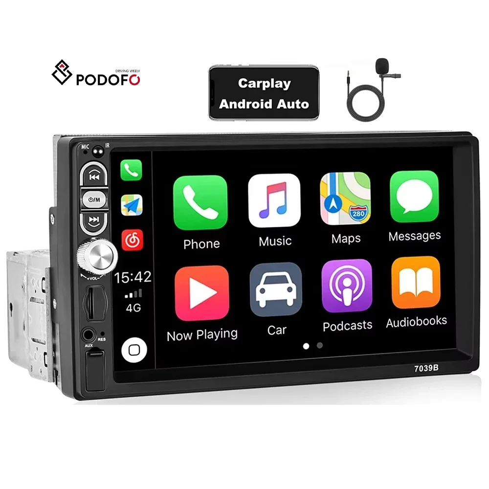

Podofo 7-дюймовая автомобильная стереосистема с одним дин-принтом Carplay Android Auto 1 Din Автомобильный радиоприемник MP5 Player BT FM EQ Aux In+ Mic Авто электроника