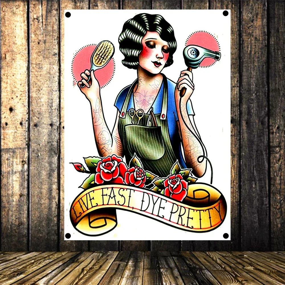 Female Hairdresser Banner Tapestry Wall Painting Tattoo Art Posters and Prints Hanging flag  Barber Shop Wall Decorative Drawing