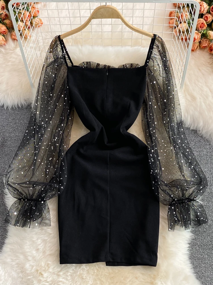 Women's Evening Dress Vintage Black Gothic Long Sleeve Square Collar Mesh Luxury Dresses Y2k One Piece Frocks Emo 2000s Clothes