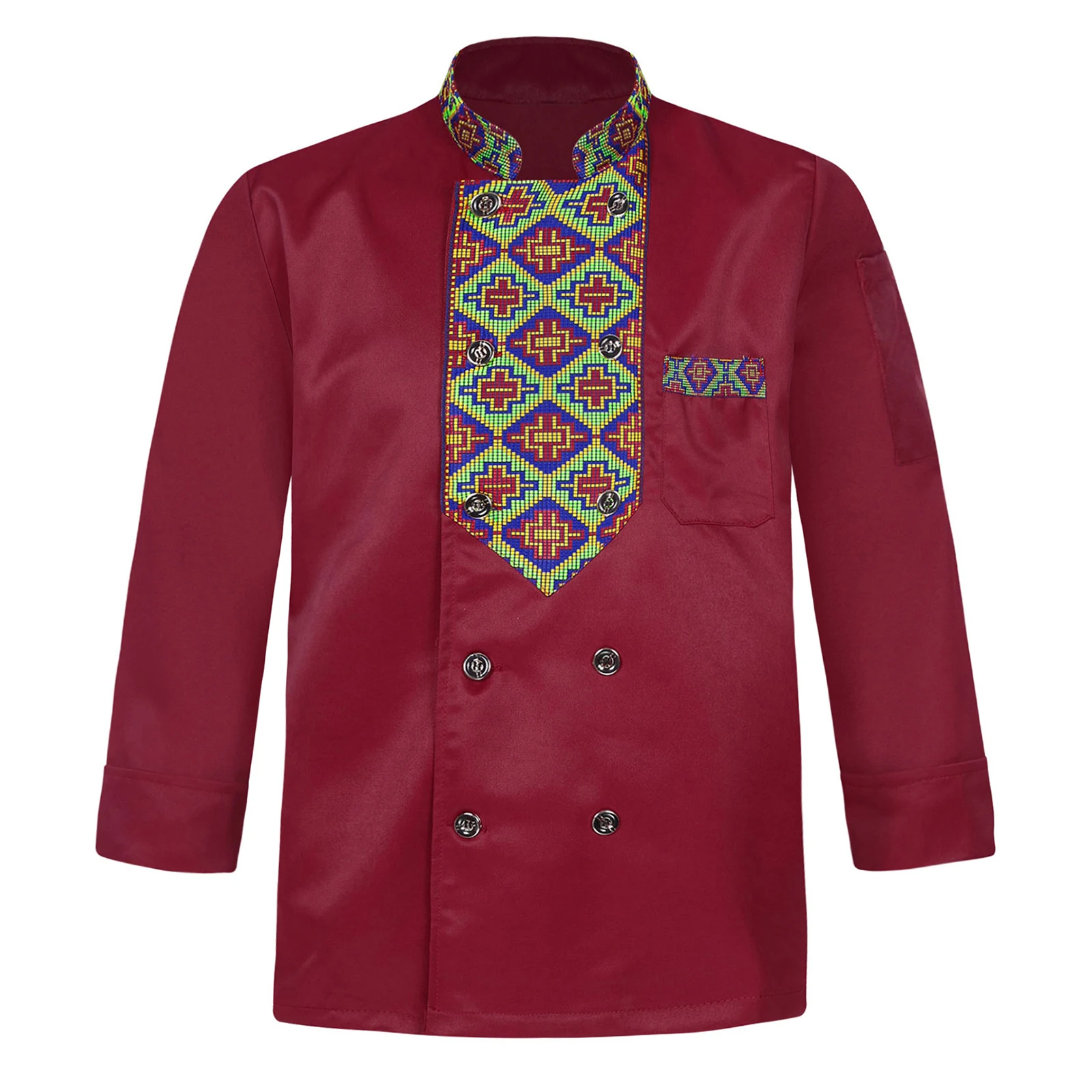 Chaqueta de Chef bordada de estilo étnico para hombre y mujer, uniforme de cocinero de manga larga con cuello levantado, ropa de trabajo de cocina con bolsillos