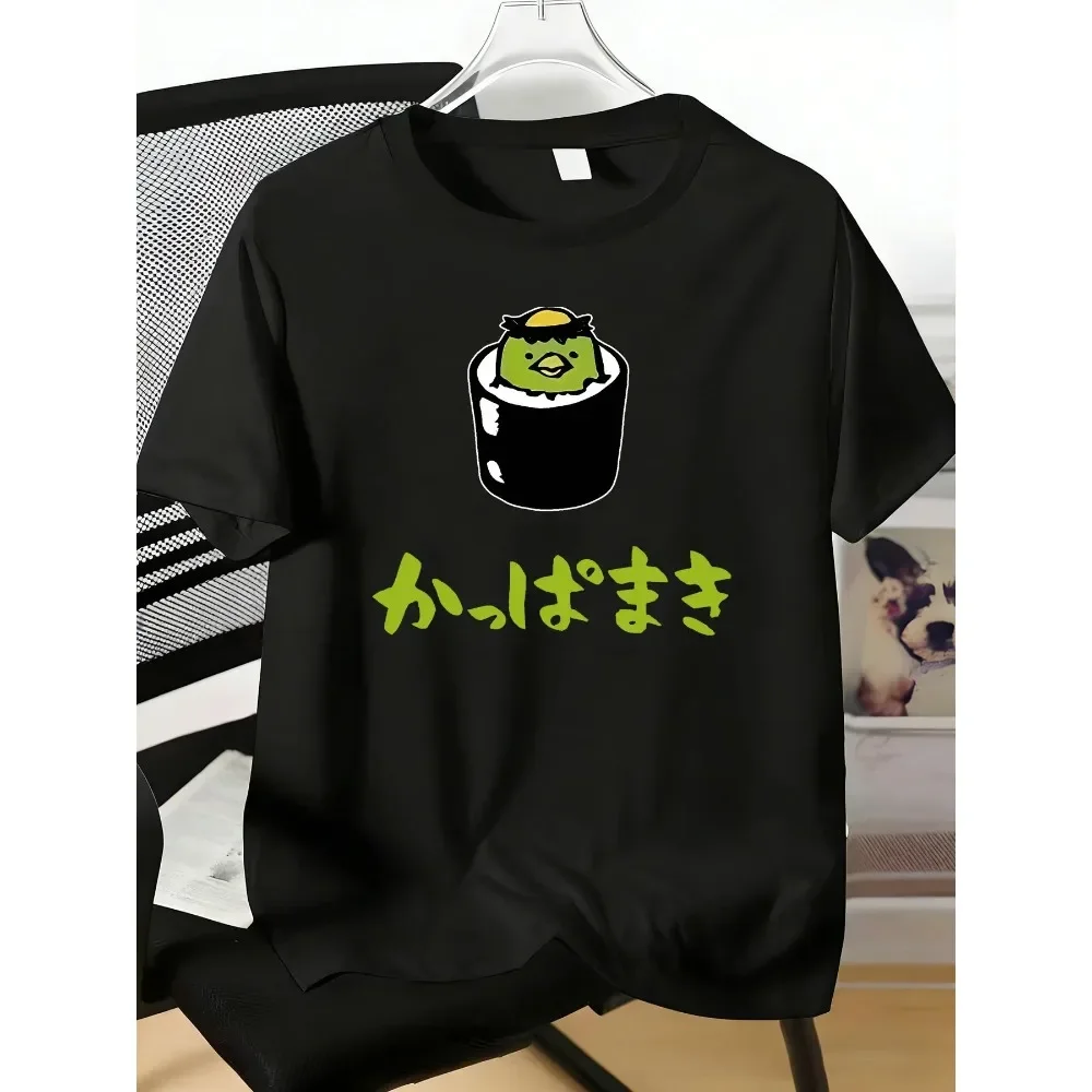 Camiseta de manga corta de algodón puro, de corte holgado, con estampado gráfico de texto japonés y diseño de Kappa Sushi, ideal para el verano, de estilo casual y moderno, disponible en tallas de la S a la 5XL.