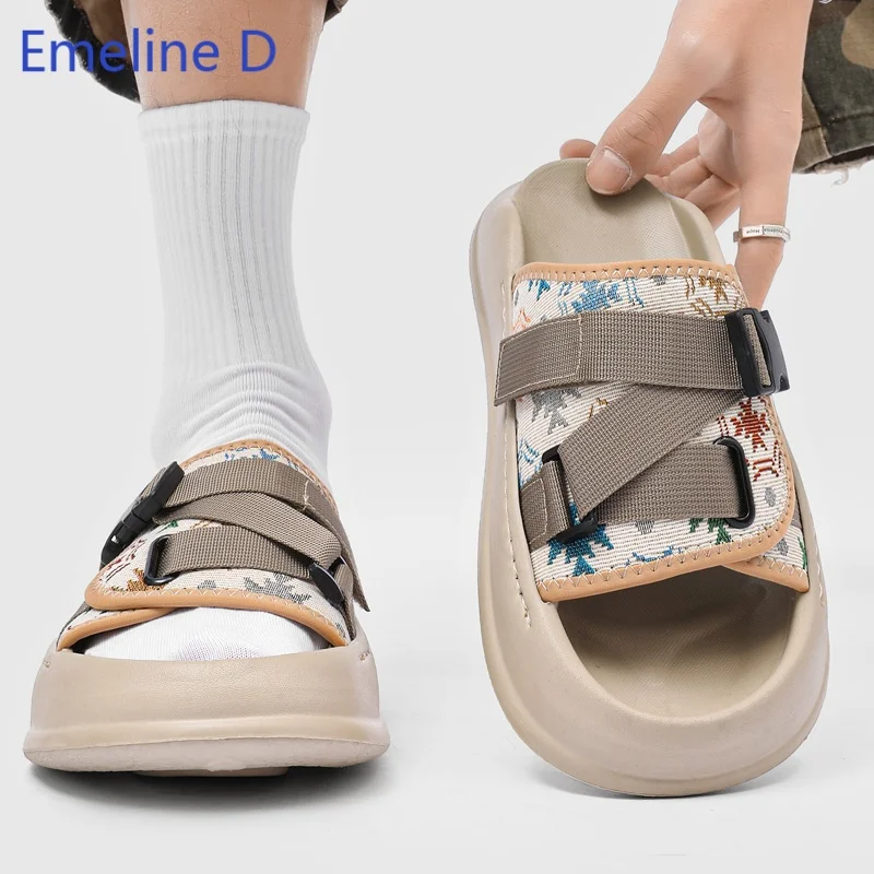 Male Slip On Slippers Retro Floral Camo Printed Textile Upper Dual Cross Adjustable Webbing Fastener Buckle Daily Flat Shoes