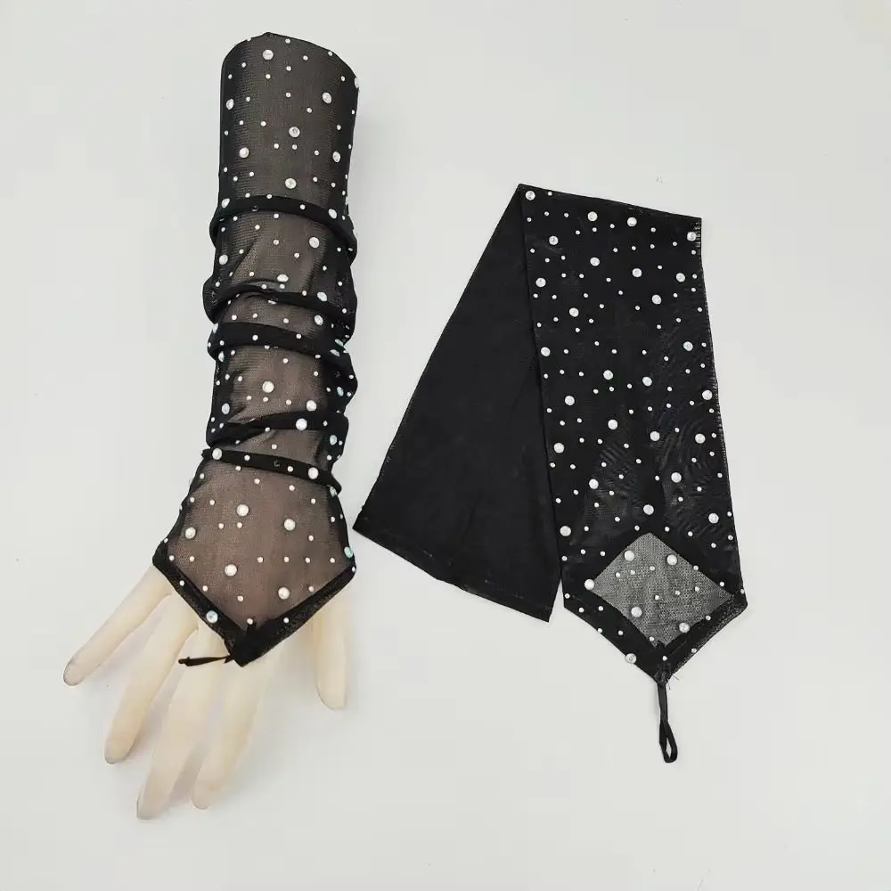 Fashionable Shiny Rhinestone Mesh Gloves 42cm Sheer Fingerless Gloves Arm Sleeves Elasticity Party Costume Dancing Prom