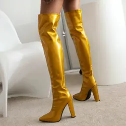 Gold Blue Silver Point Toe Overknees Patent PU Leather Stripper Heels Oversized 46 47 Block High Heels Over-the-knee Thigh Boots