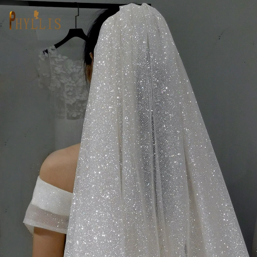 B60 2ชั้นอุปกรณ์จัดงานแต่งงานสีขาวแชมเปญ Glitter Veil Bling เจ้าสาว Sparkly Gold สั้นหวี Wedding Veils