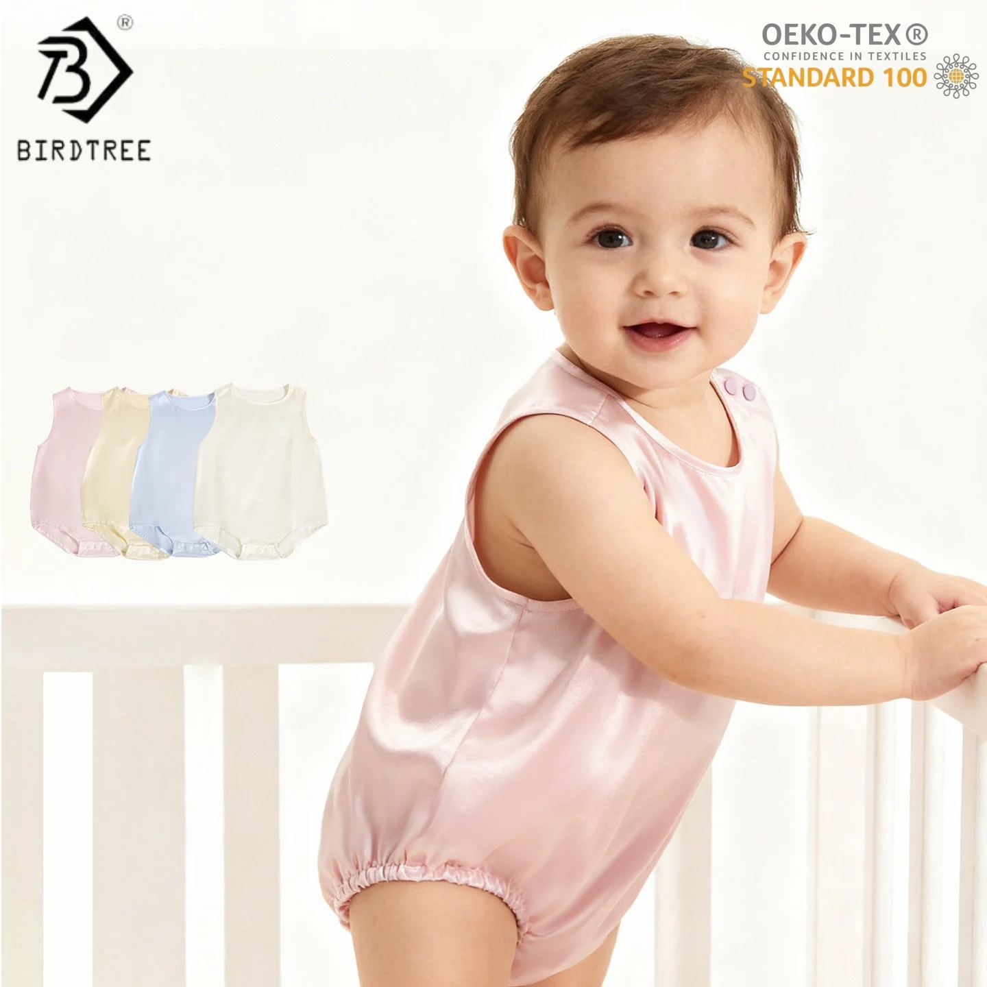 

BirdTree,OEKO-TEX,19MM 100%Mulberry Silk Baby Climbing Tops,Plain Satin Newborn Sleepwear One-Piece Garment,2025 Autumn T5D414JF