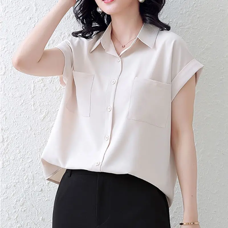 Women\'s Clothing Summer Fashion Solid Loose Elegant Buttton Up Shirt Simple Office Lady Commute Blouse Short Sleeve Tops Blusas