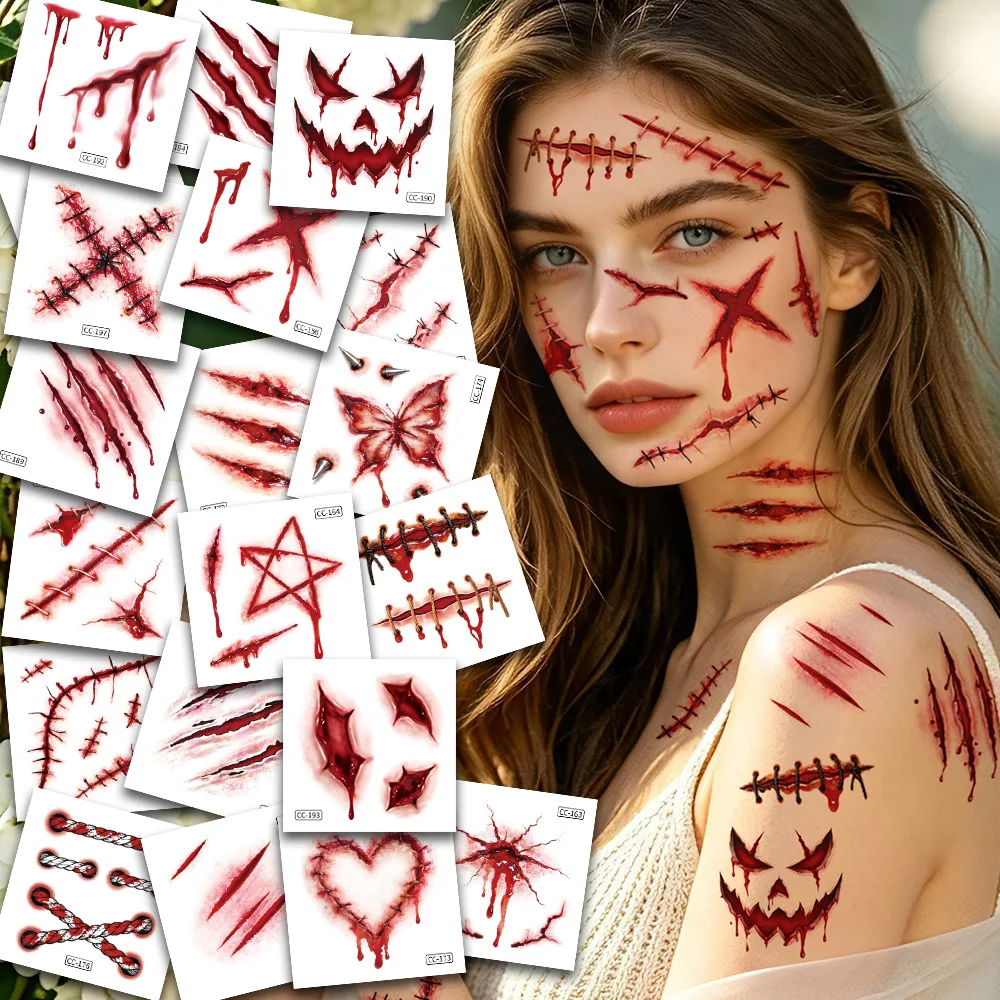 Halloween 3D Bloody Wound Scar Tattoo Stickers, 20 Pieces, Realistic Horror Fake Scar Tattoo Stickers, Halloween Body and Face Masquerade Prank Makeup Props, Halloween Party Gift Decorations, Easy to Apply and Remove