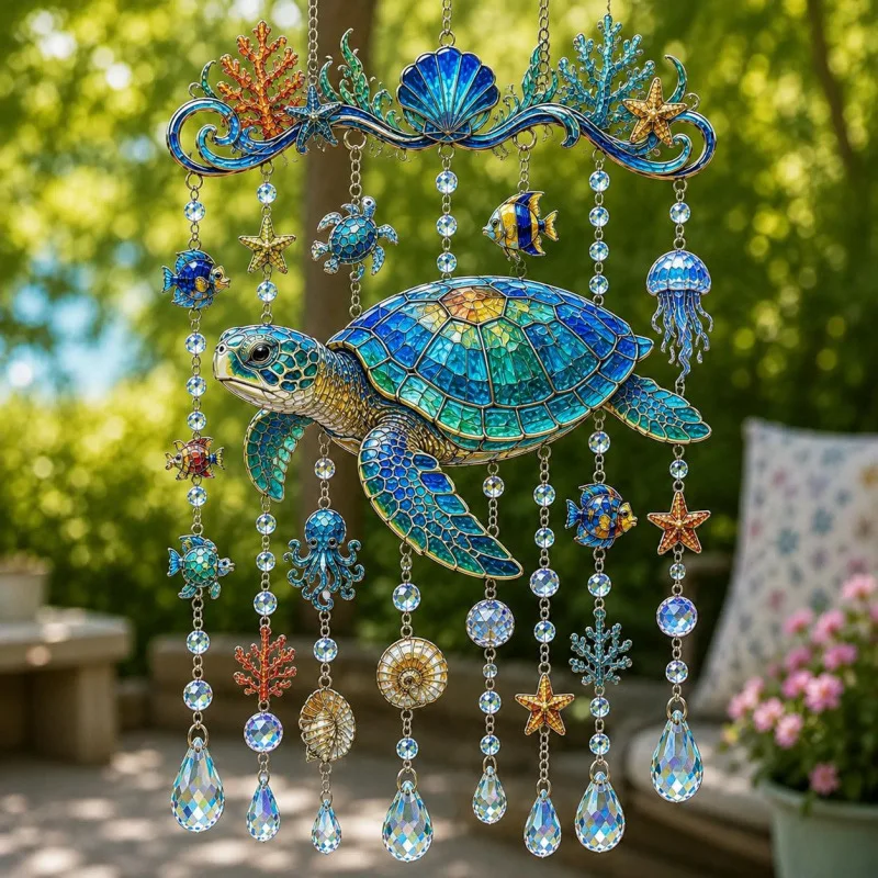 Sparkling Stained Glass Style Sea Turtle Ocean Theme Hanging Acrylic Crystal Wind Chime For Garden Patio Home Decoration