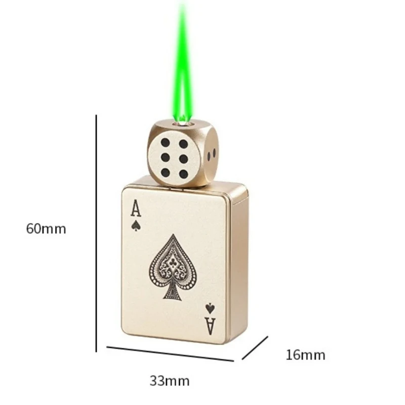 

Trendy Rotating Dice Playing Cards Lighter Windproof Green Flame Metal Inflatable Lighter for Men's Smoking Gadget