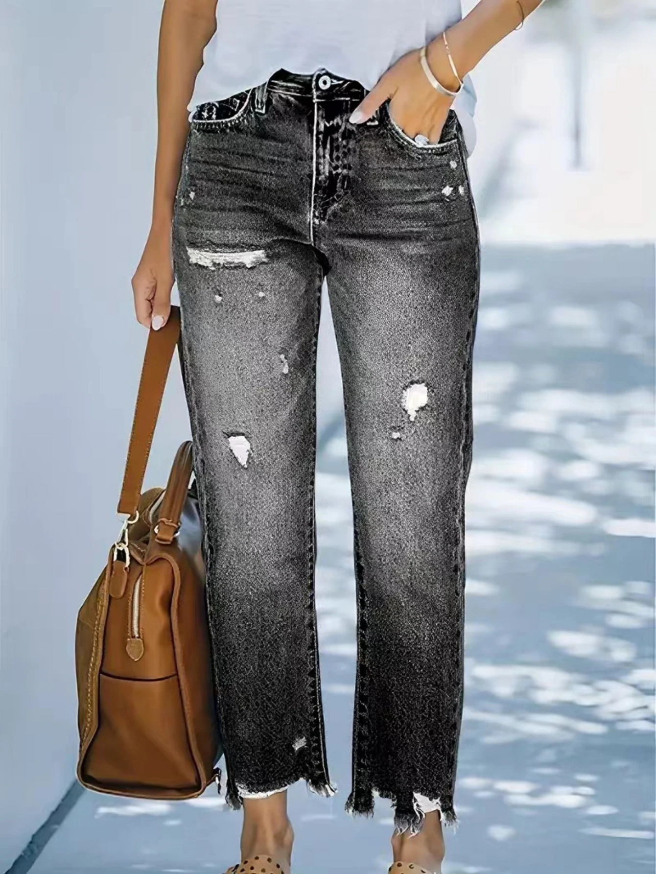 Novas calças retas de cintura média de venda quente femininas lavadas jeans rasgados casuais
