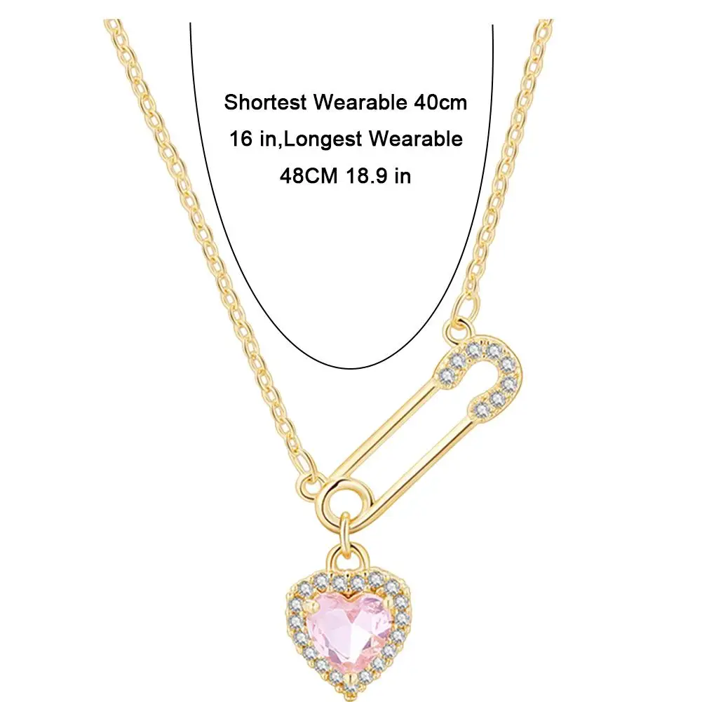 Safety Pin Necklace With Heart Charm Pink Crystal Hearts Pendant Paperclip Necklace For Woman Unique CZ Luxurious Jewelry Gift image 6