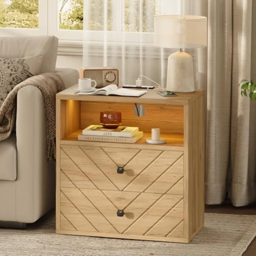 

Modern Oak Nightstand with LED Charging Station 2 Drawers Open Cabinet for Bedroom Warm Wood Tone Space-Saving Design Convenien