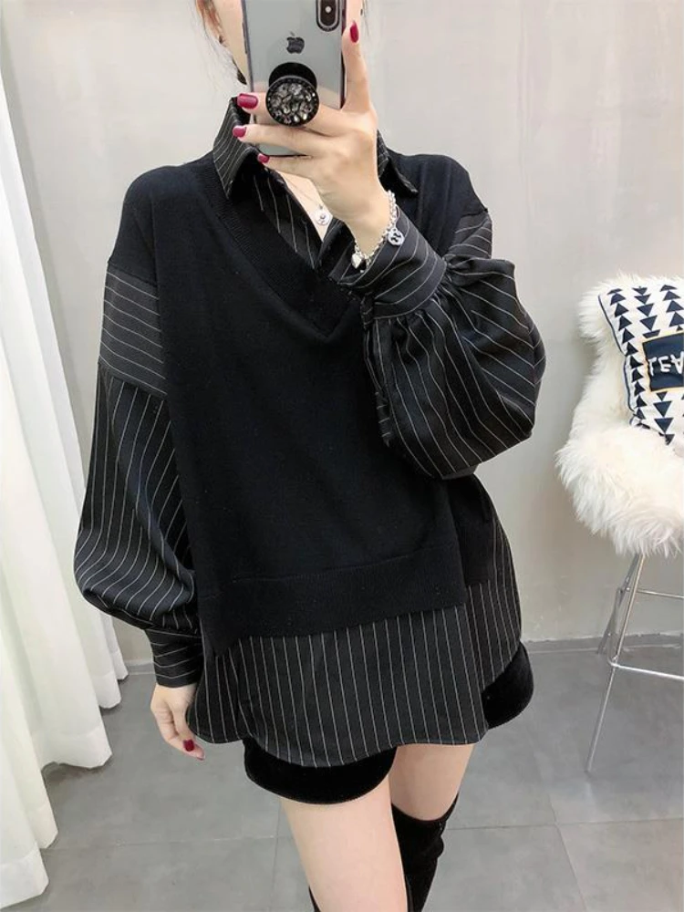 Striped Shirts Women Fake Two Pieces Tops Special Charming All-match Autumn Modern Attractive Pretty Mujer Classic Simple Gentle