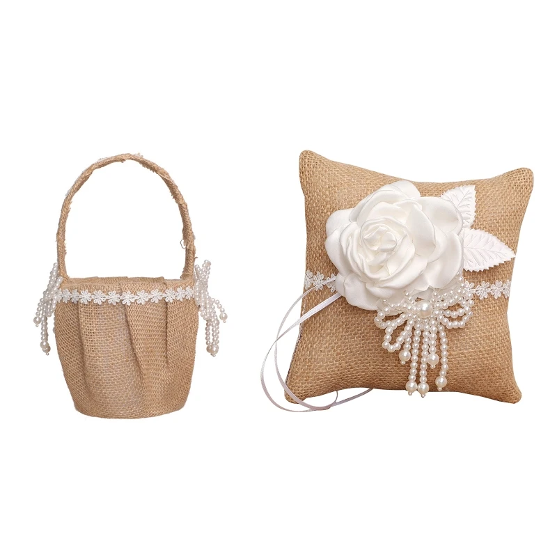 Burlap Flower Girl Basket with Pearl Beaded Bows Rustic Wedding Ring Pillow