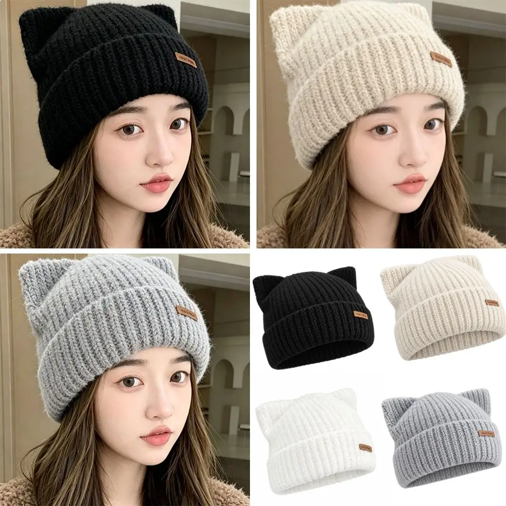 Cute Solid Color Cat Ear Beanie Soft Warm Windproof Winter Knit Hat Cat Ear Ribbed Knit Cap Casual Streetwear