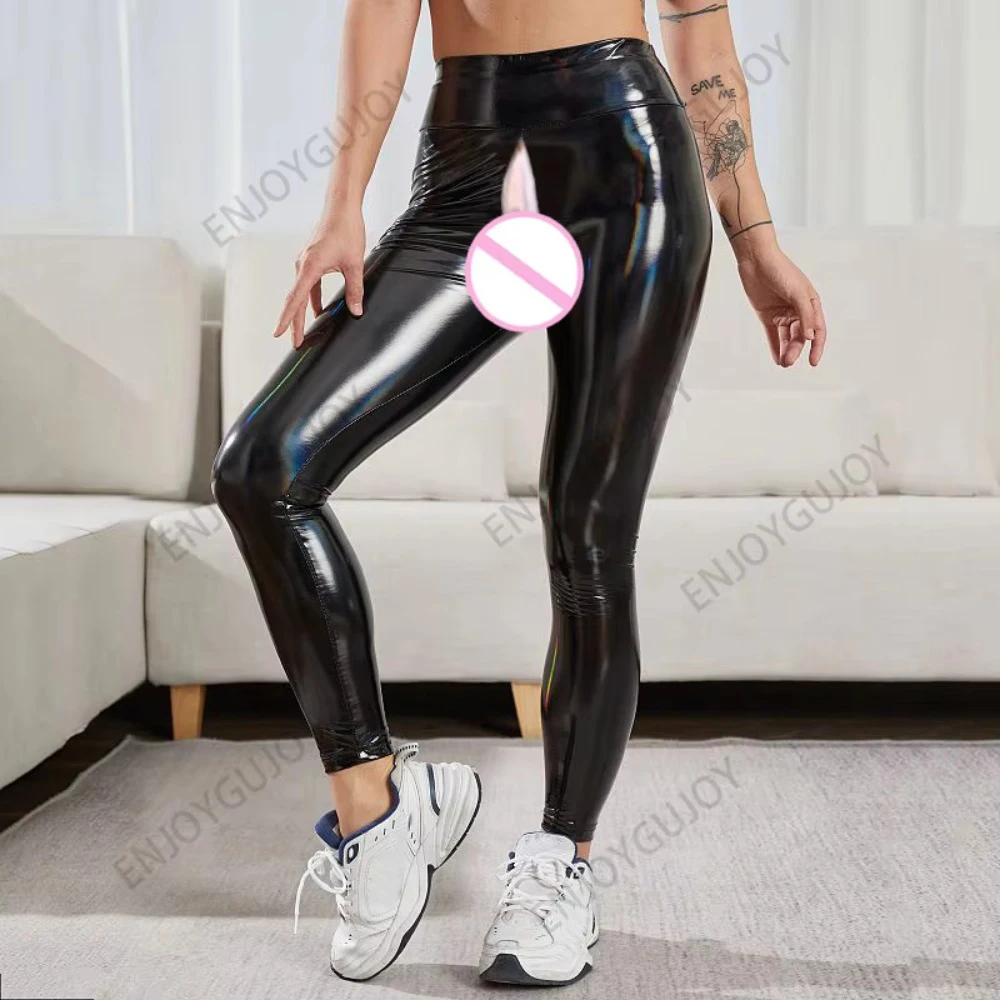 Hip Lift, PU Trousers,Tight Faux Leather Pants Women,Invisible Open Crotch Outdoor Sex,Glossy High Waist Elastic,Yoga Leggings