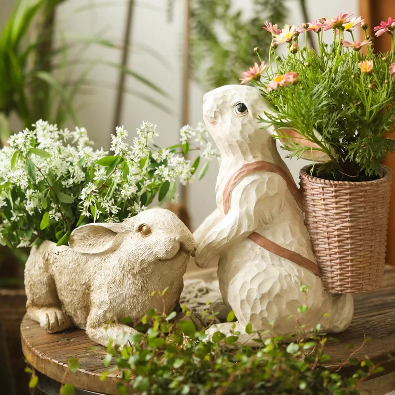 

Bunny Back Flower Basket Flowerpot Decoration Creative Resin Craft Home Ornament