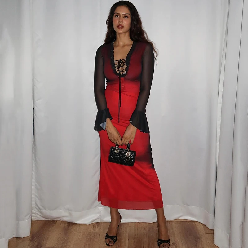 Sifreyr Tie Dye Frauen Maxi kleid Mode Rüschen schiere Mesh Patchwork V-Ausschnitt Bandage Bodycon lange Kleider Robe sexy Party Vestido