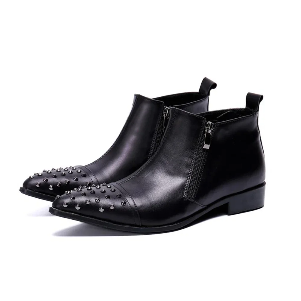 

Black Rivet Zipper Genuine Leather High Heels Pointed Toe Ankle Boots Male Plus Size Fashion Party Punk Cowboy Dress Shoes