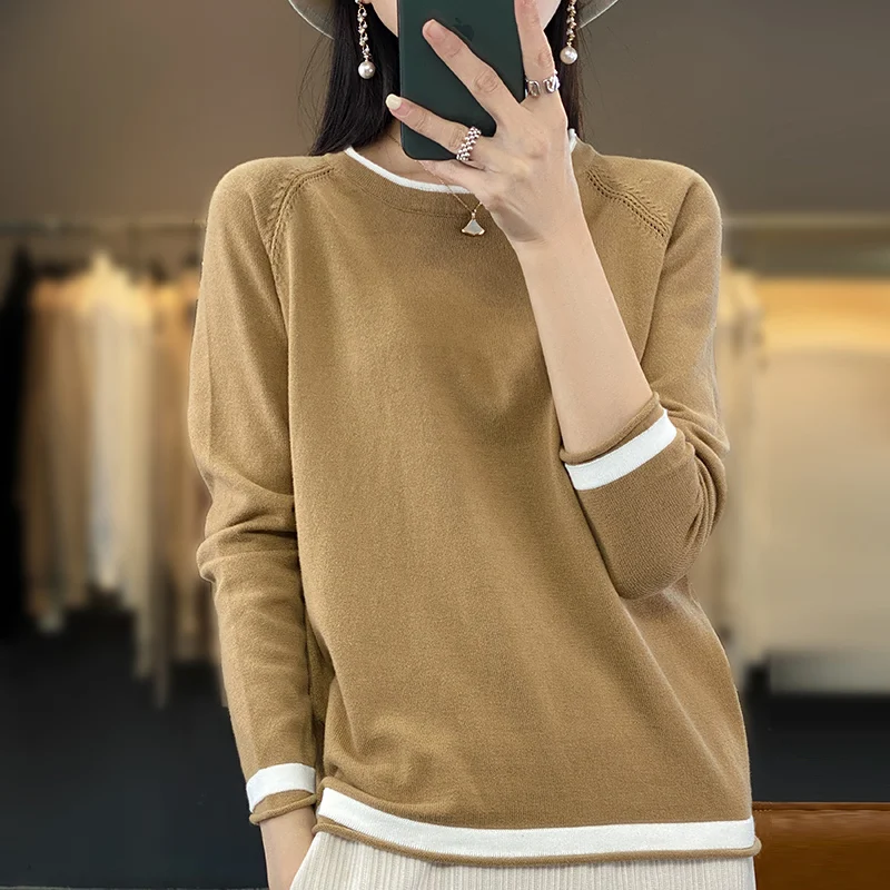 100% Cotton Knitwear Women's Round Neck Sweater Spring And Summer New Loose Color Matching Cotton And Linen Bottoming Shirt