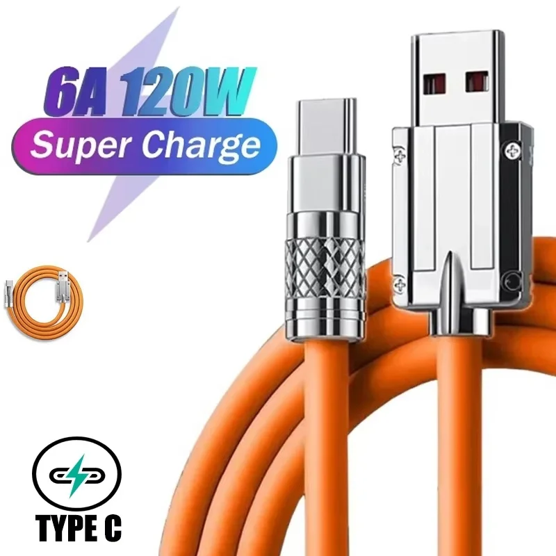 

Кабель USB-C из жидкого силикона 120W 6A для сверхбыстрой зарядки, быстрый зарядный кабель для iPhone, Huawei, Xiaomi, Realme, планшетов