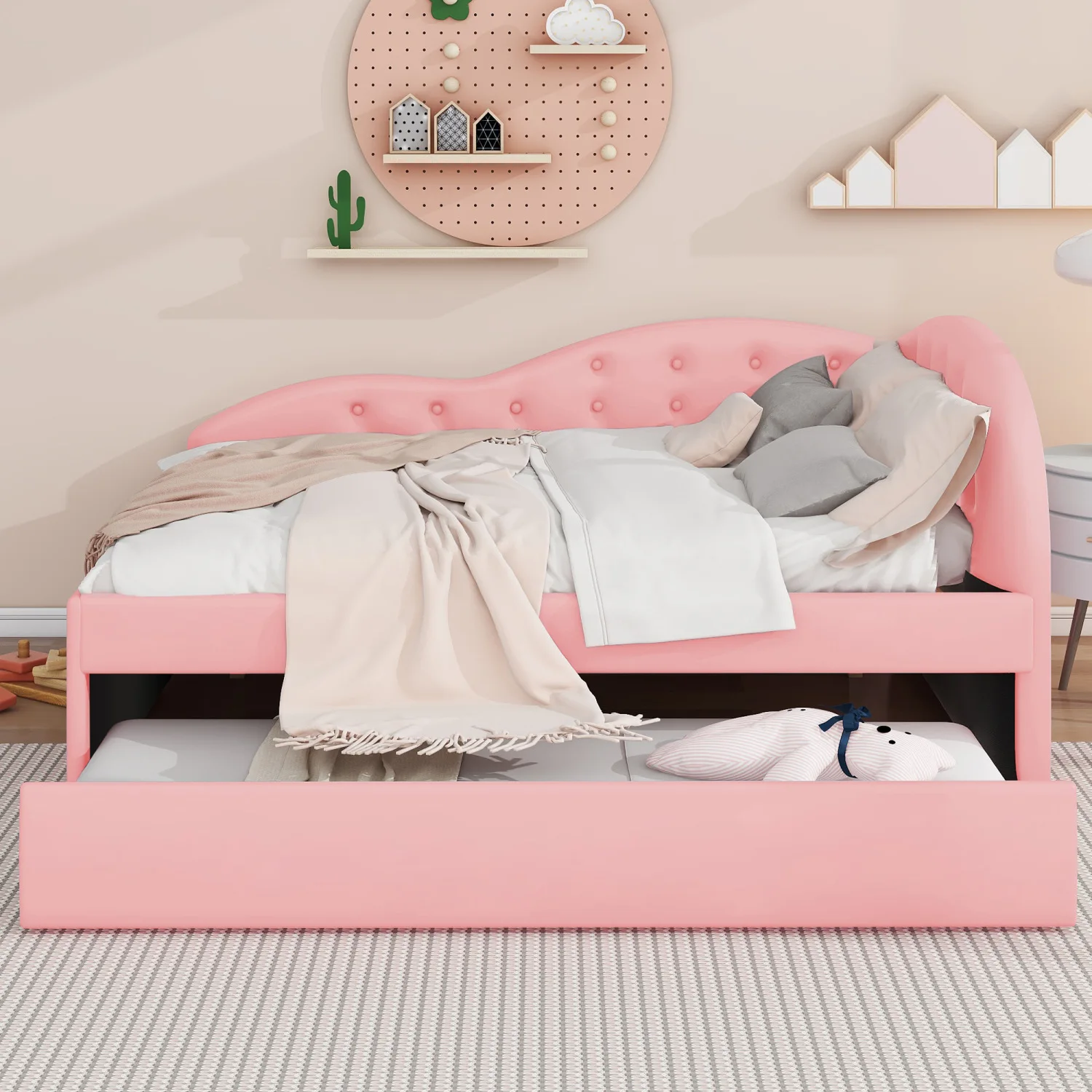 

Full Size PU Upholstered Tufted Daybed with Trundle and Cloud Shaped Guardrail, Pink