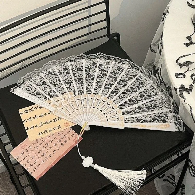 Folding Fan Lace Flower Decor Chinese Style Fan Hand Held Anitque Art Craft Japanese Summer Female Dance Home Party Decoration