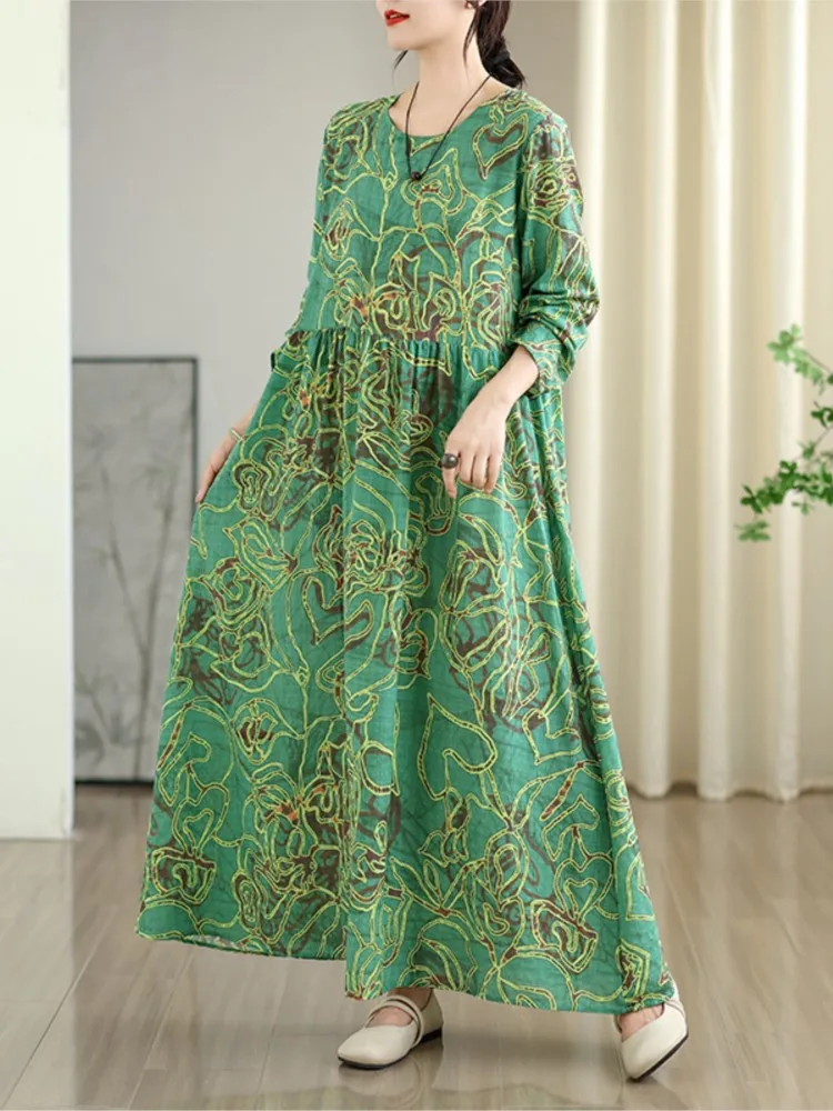 Damska sukienka oversize w paski i kwiaty na wiosnę i jesień, modna, luźna, z falbankami i plisami, codzienna długa sukienka damska.