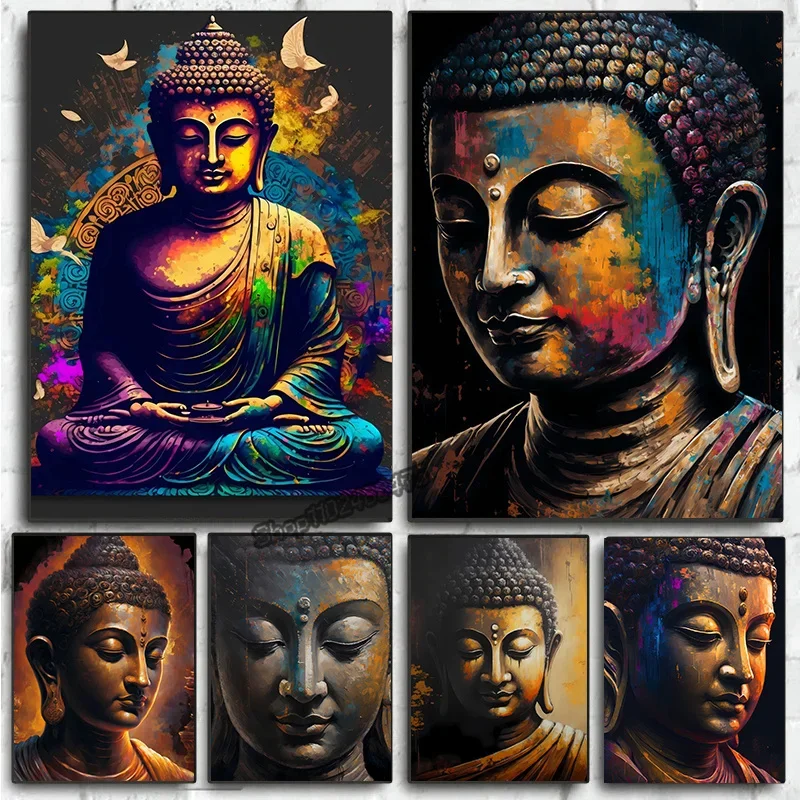 Spiritual Buddha Statue Meditation Golden Buddha Canvas Painting Print Poster Modern Wall Art Pictures Living Room Bedroom De