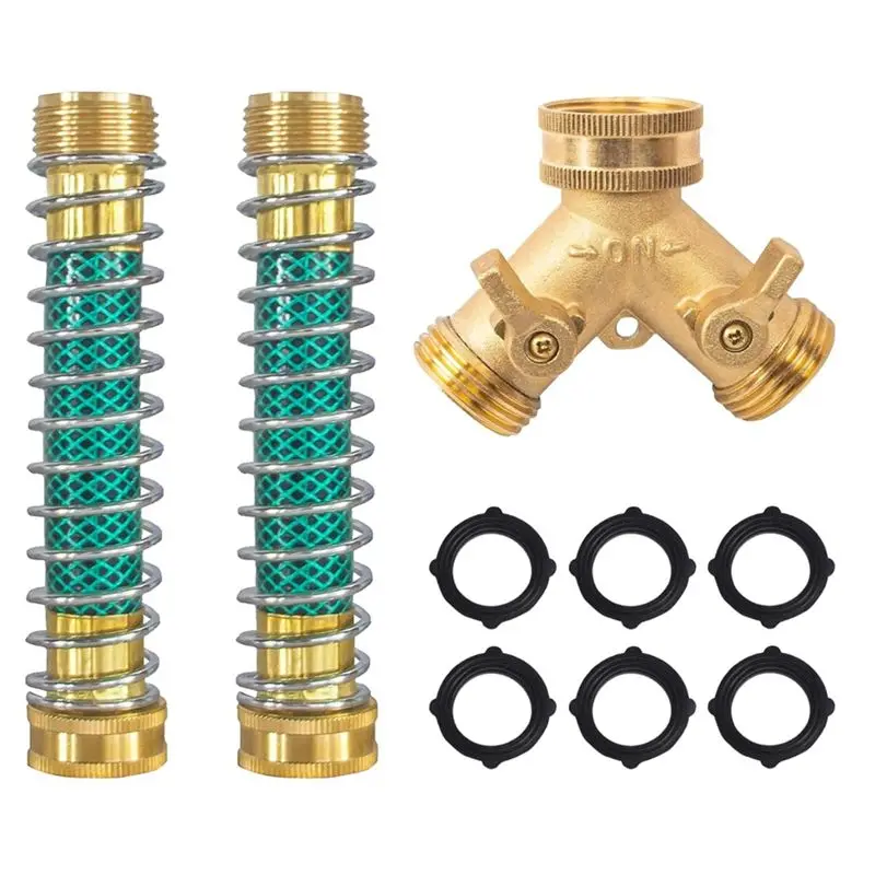 GTBL 3/4 Inch Brass Y Hose Splitter With 2 Coiled Spring Hose Guards, Dual Channel Garden Water Hose Connector
