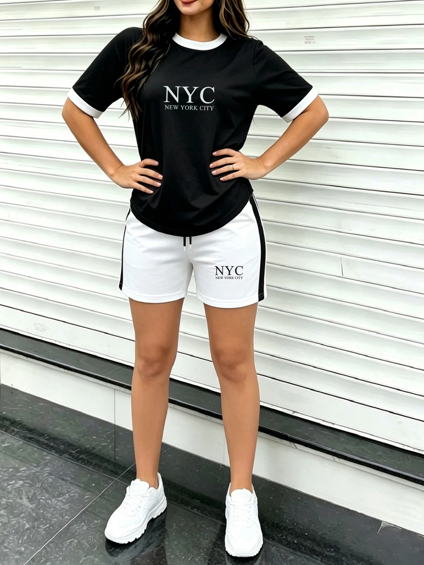 Casual Home Wear for Women: Short-Sleeve and Shorts Set, Slim Letter Print Nyc Design, Color-Blocked Round Neck Short-Sleeve T-Shirt, Side-Striped Shorts Two-Piece Set, Loose Fit for Daily Home Wear and Outings, Perfect for Binge-Watching at Home, Summer Casual Women's Wear