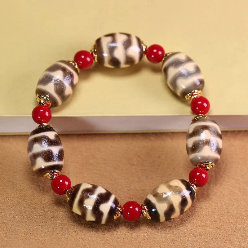 5A Grade Natural Tibetan Genuine Old Mine Agate Daluo Double Tiger Tooth Dzi Bead Bracelet, approximately 15*19mm