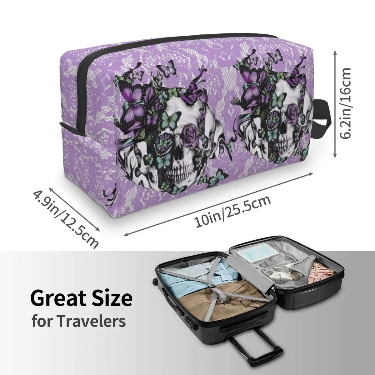 Gothic Lace Skull Suitcase Makeup Bag Cosmetic Organizer Storage Dopp Kit Toiletry Cosmetic Bag for Women Beauty Travel