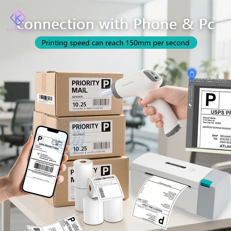 KAYSION طابعة ملصقات حرارية بلوتوث طابعة ملصقات شحن صغيرة 4X6 بوصة متوافقة مع نافذة iPhone Android Mac