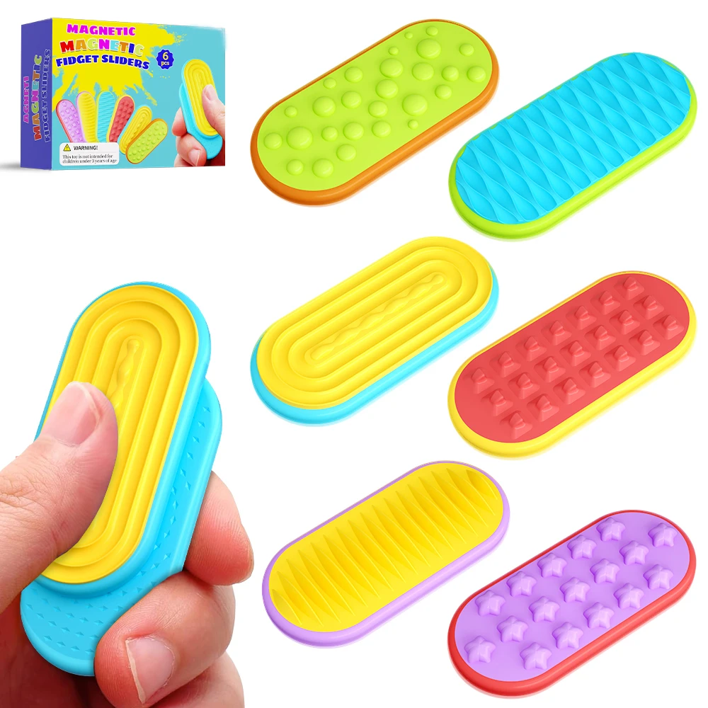 6-Pack Magnetic Fidget Sliders – Strong Magnet Push & Pull Sensory Toys for Adults & Teens, Pocket-Size for Travel, 6 Textured