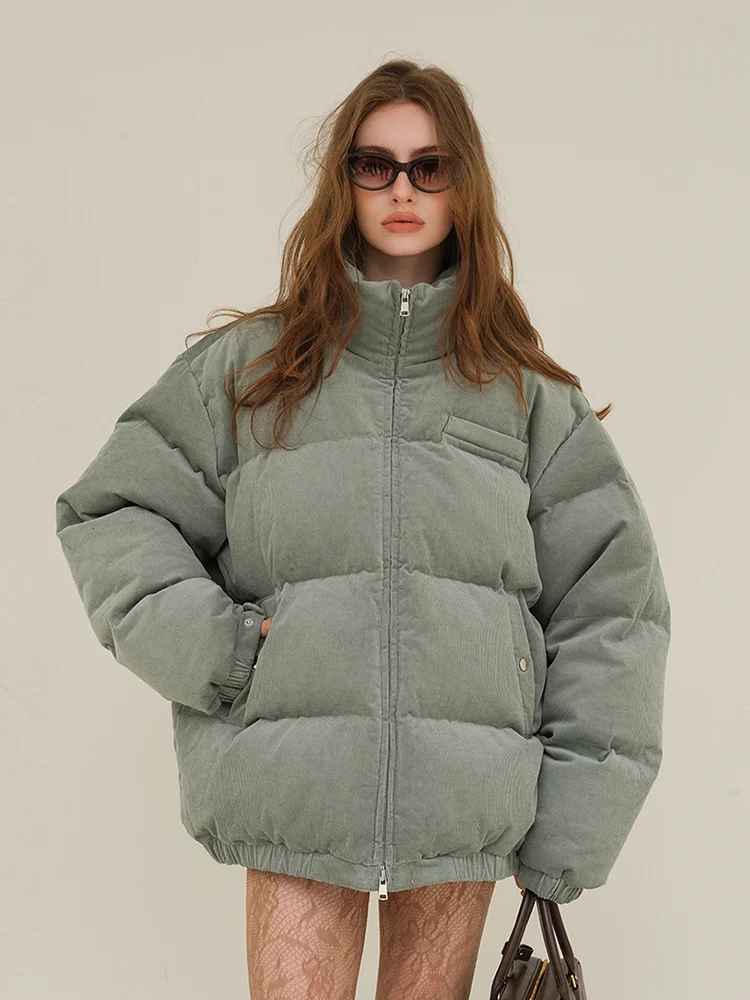 

Women's Thiened Corduroy down Jaet Du Feather Puffer Coat Bread Sle Loose Fit Warm Outerwear mat Design
