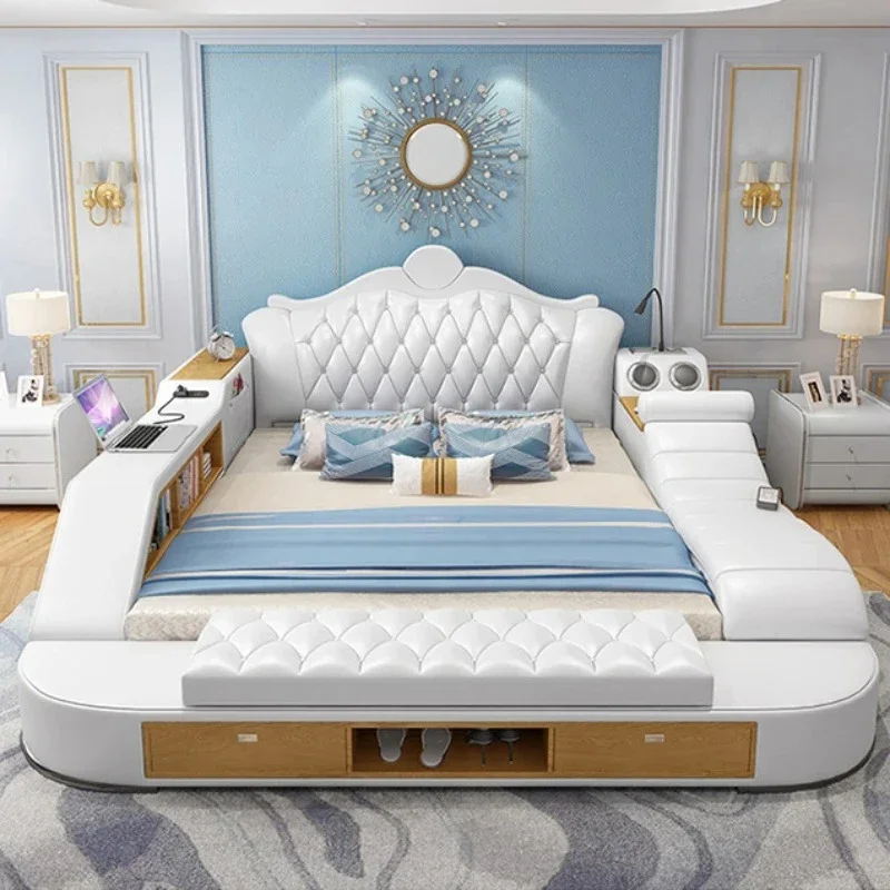 تخزين سرير مزدوج بحجم كوين فريد من نوعه من Nordic Master Princess إطار سرير مزدوج فاخر من الجلد الطبيعي أثاث غرفة Deux Place #3