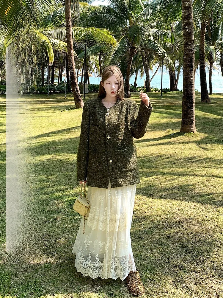 

Luu Woolen Tweed Loose Outerwear Women's Spring Autumn round Neck Design Sensation Small Audience Top Commute Style Long Sleeve