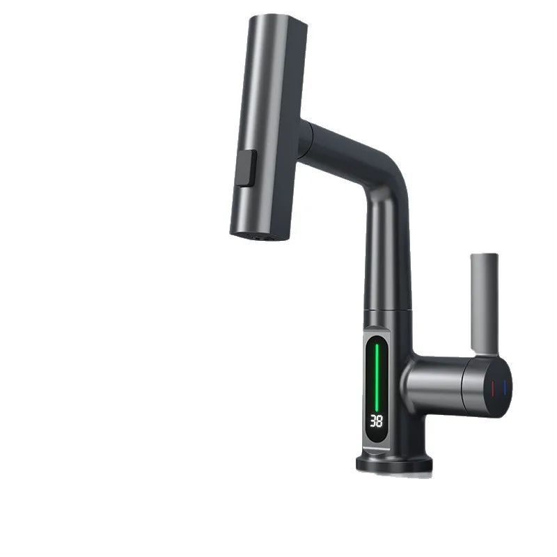 

pull-out basin faucet hot and cold bathroom cabinet washbasin all-copper faucet household lifting and rain digital display