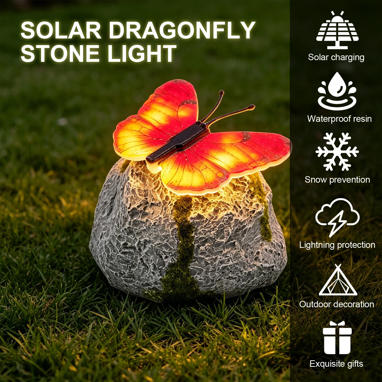 Imitation Stone Landscape Light with Sparkling Light-Up Wings Solar Butterfly Stone Lamp Waterproof for Outdoor Yard Patio Decor
