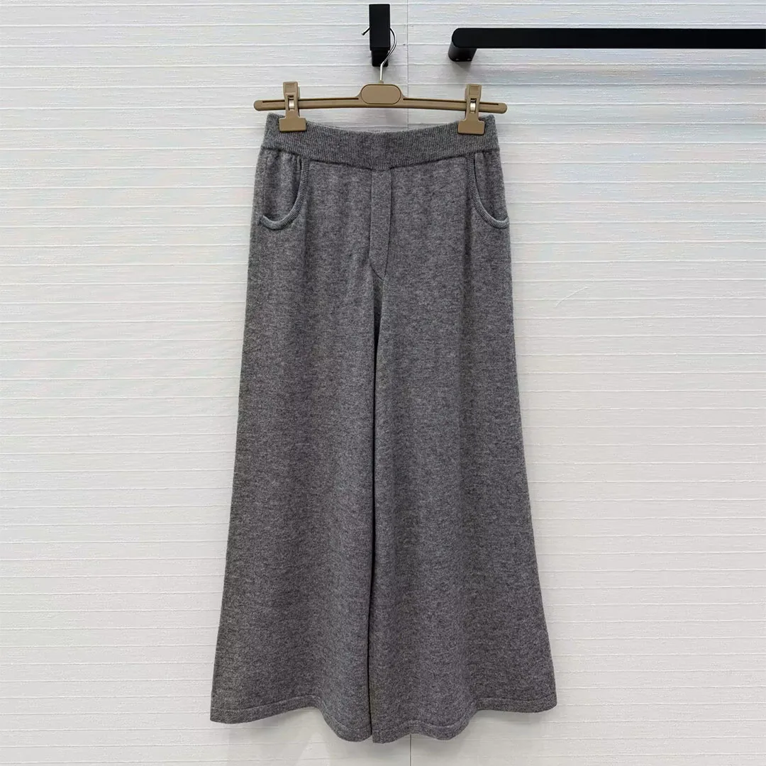 Luxury Old Money Style Wool Cashmere Knit Ankle Length Wide Leg Pants Women New Fall Winter Elastic High Waist Casual Trousers