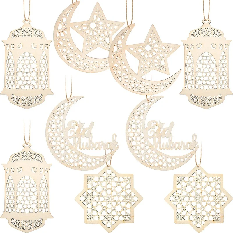 NEW-9Pcs Wooden Pendant Ornament Ramadan Hollow Decoration Moon Star Wind Light Shape Pendant Ornament Eid Party Decorations