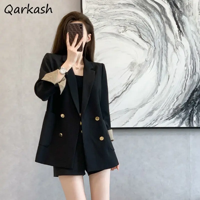 Black Blazers Women Loose Vintage All-match Chic Long Sleeve Double Breasted Office Lady Streetwear Mature Female Daily Leisure