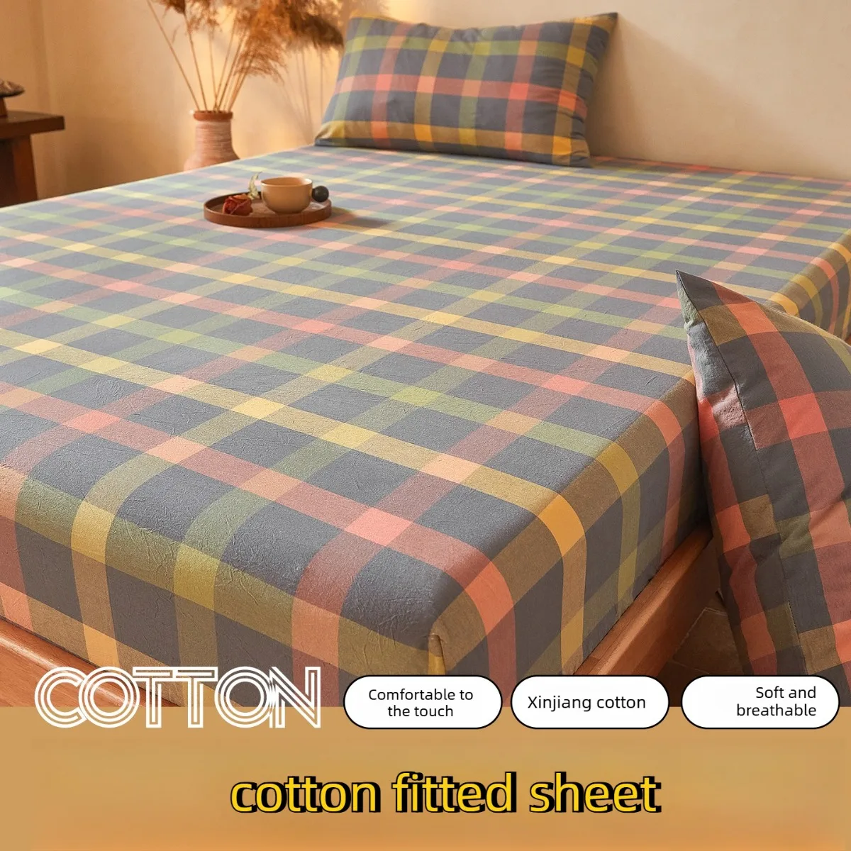 Nordic Style Cotton Fitted Sheet Plaid Mattress Cover Elastic Bed Sheet Protector 4-28cm Depth Single Double Queen King Size