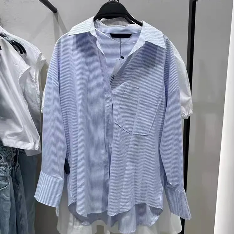 

Осенняя новинка, женская повседневная одежда Ox irt с длинным воротником свободного кроя, полосатый узор, полиэфирное волокно