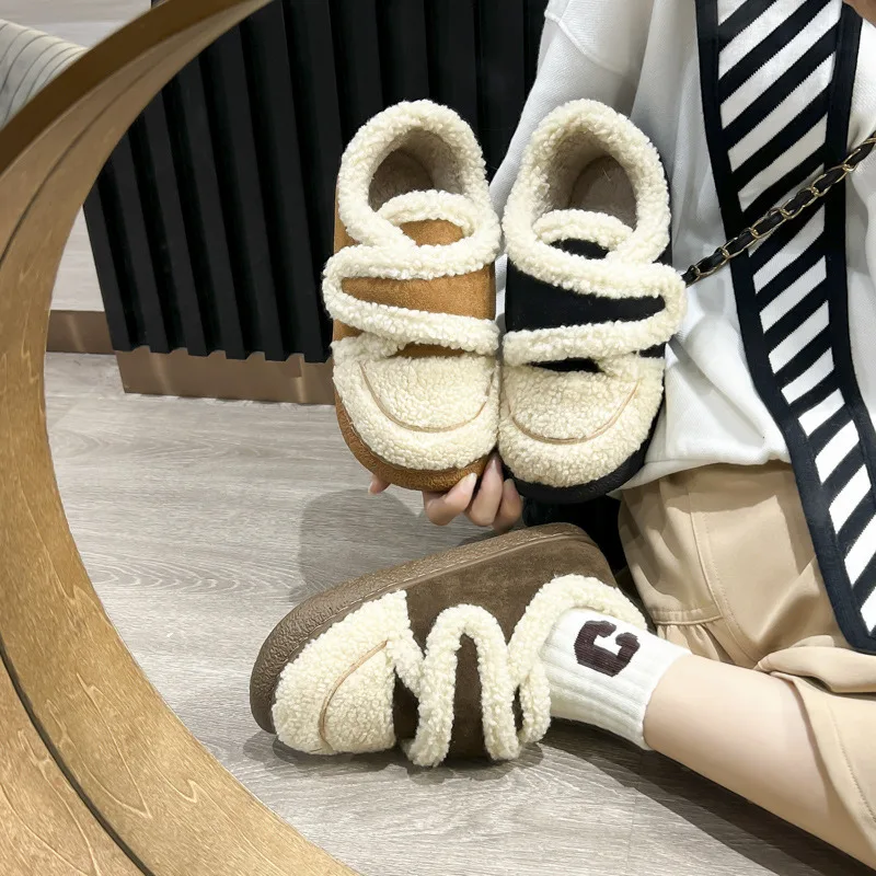 Cute Lamb Wool Women Cotton Outdoor Shoes Non Slip Thick Plush Winter Comfort Non Slip snow boots Plush Fur Indoor Home Slippers