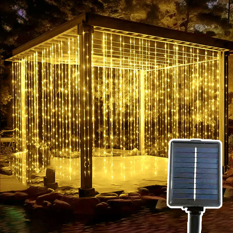 LED Outdoor Solar Curtain Light Holiday Garland Lamp Fairy String Lights Yard Garden Christmas Wedding Home Bedroom Decoration